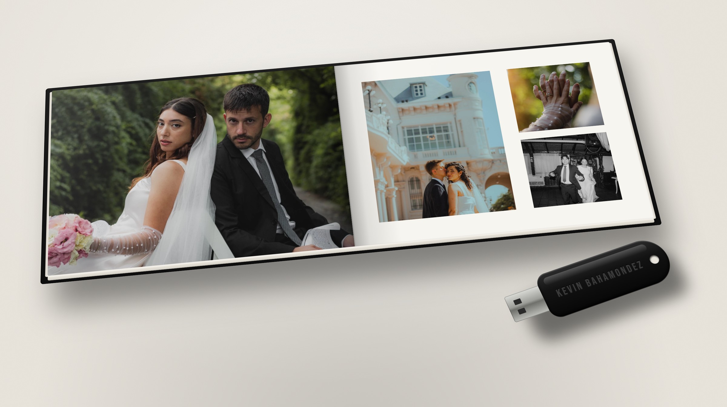 An open landscape photo album with printed wedding photos, next to a black USB drive engraved with the name Kevin Bahamondez